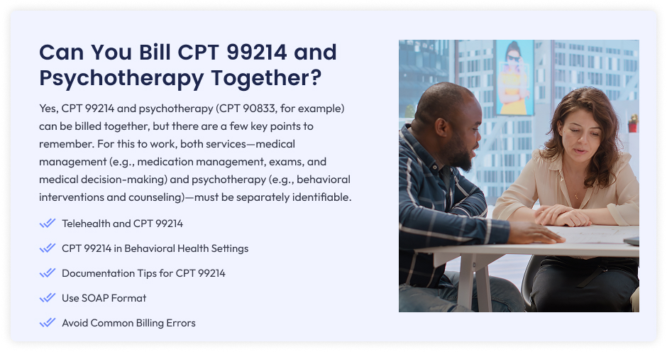 Infographic explaining if CPT 99214 and psychotherapy can be billed together with tips on documentation, telehealth, and avoiding errors.