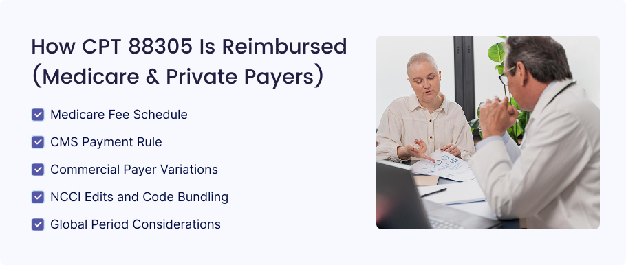 Infographic on CPT 88305 reimbursement rules for Medicare and private payers, covering fee schedules, CMS rules, commercial variations, NCCI edits, and global periods.